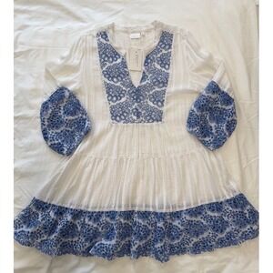 Dotti Women XL White Blue Floral Embroidered Tiered Boho Mini Dress Tunic NWT